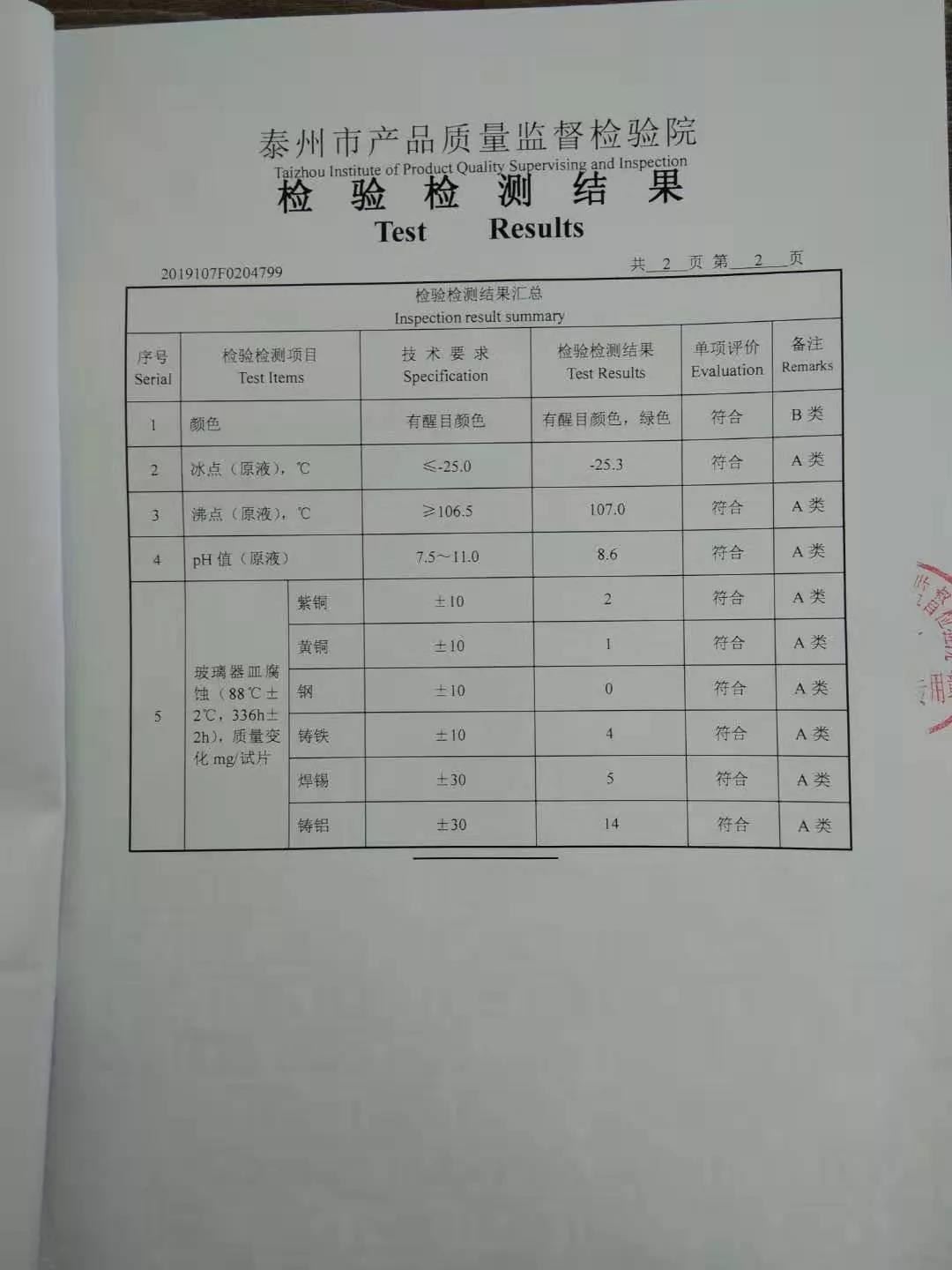帝航长效防冻液在上海市场监督管理局的抽检检查中产品合格